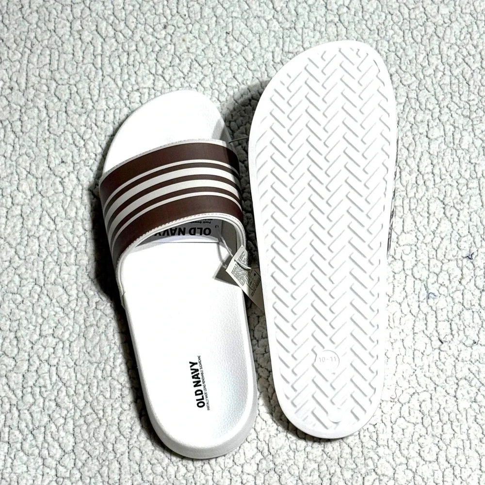 Old Navy Mens Striped Slide Sandals Brown White Sugarcane Size 10-11 NEW